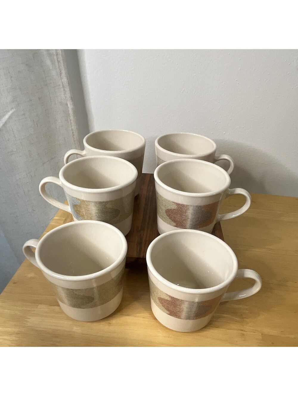 Corning Set of 6 Beige/Brown Band Ceramic Mugs w/ Handle Made in USA MPN 33